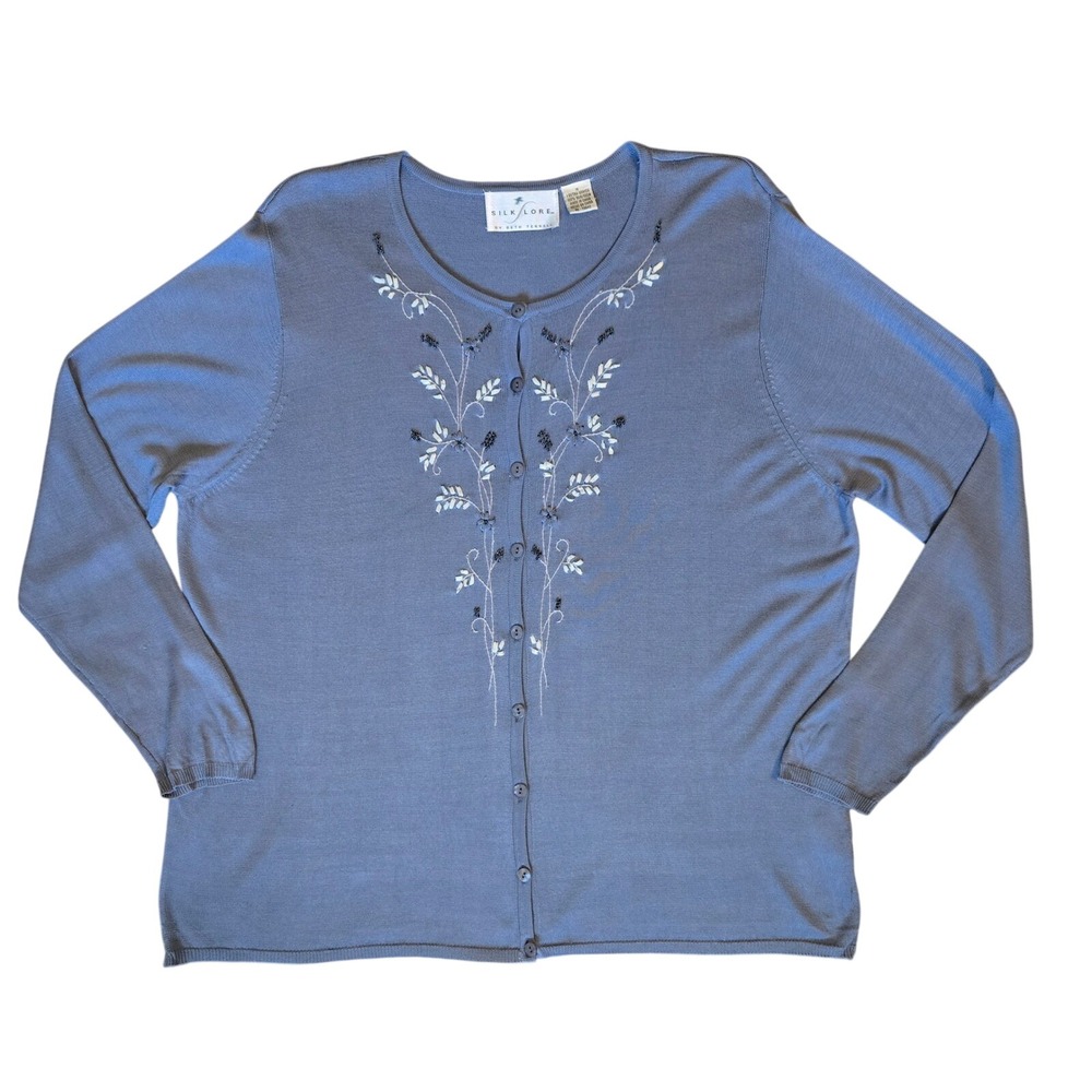 Silk Lore Vintage Cottagecore Woman's 1X 100% Silk Beaded Floral‎ Cardigan Blue